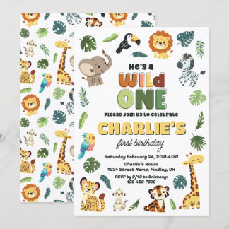 Wild One Safari Zoo Animal Verjaardagsfeest Elke L Kaart