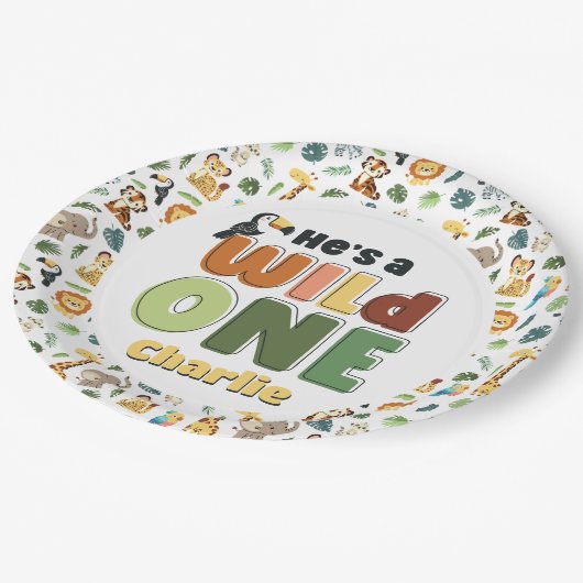 Wild One Safari Zoo Animal Verjaardagsfeestje Papieren Bordje (Gekanteld)