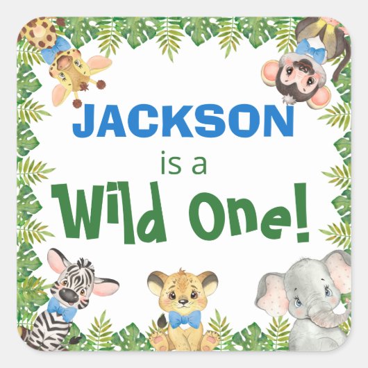 Wild One Safari Zoo Animals Boy First Birthday Vierkante Sticker (Voorkant)