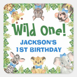 Wild One Safari Zoo Animals Boy First Birthday Vierkante Sticker
