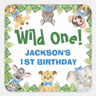 Wild One Safari Zoo Animals Boy First Birthday Vierkante Sticker