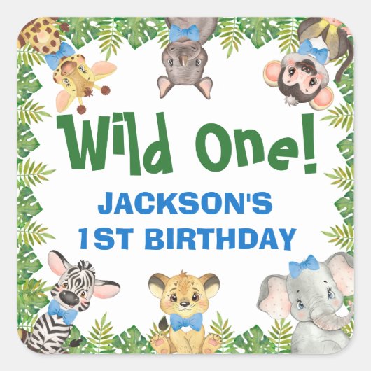 Wild One Safari Zoo Animals Boy First Birthday Vierkante Sticker (Voorkant)