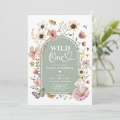 Wild One: Sage Green Wildflower First Birthday Kaart (Staand voorkant)