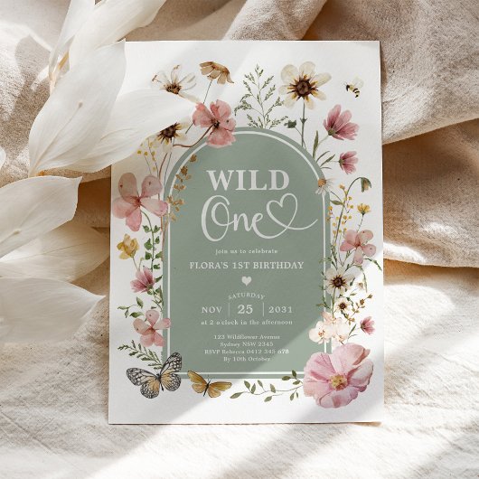 Wild One: Sage Green Wildflower First Birthday Kaart
