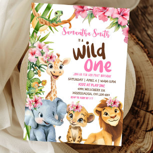 Wild One Savannah Safari Theme Girl Eerste Verjaar Kaart