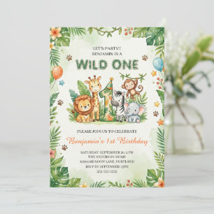 Wild One Schattige Jungle Dieren Kids 1e Verjaarda Kaart
