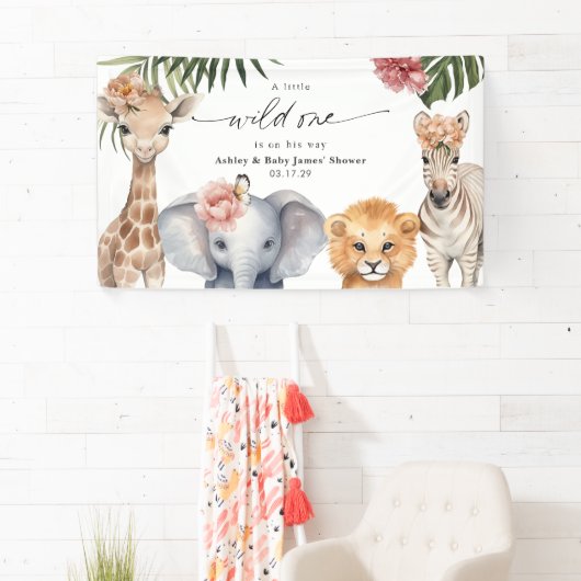  Wild One Schattige Safari Dieren Meisje Achtergro Spandoek (Insitu)
