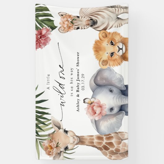  Wild One Schattige Safari Dieren Meisje Achtergro Spandoek (Verticaal)