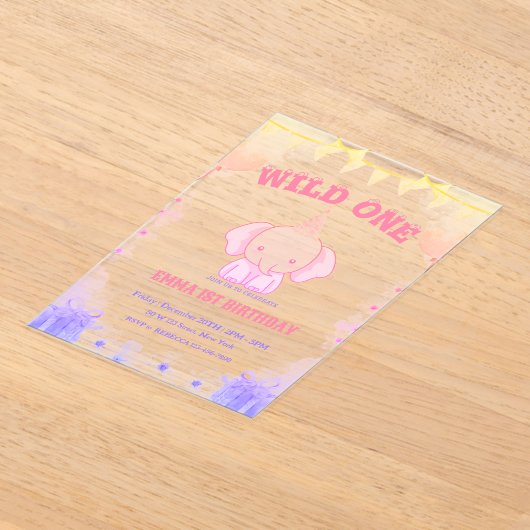 Wild One Schattigee olifant 1e verjaardag Acryl Uitnodigingen (Laagn)