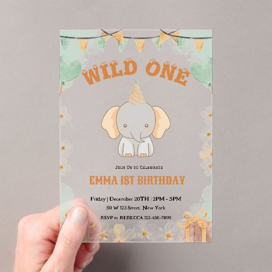 Wild One Schattigee olifant 1e verjaardag Uitnodig Acryl Uitnodigingen (Insitu (Draagbaar))