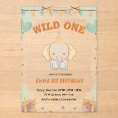 Wild One Schattigee olifant 1e verjaardag Uitnodig Acryl Uitnodigingen (Voorkant)