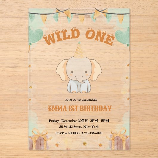 Wild One Schattigee olifant 1e verjaardag Uitnodig Acryl Uitnodigingen (Voorkant)