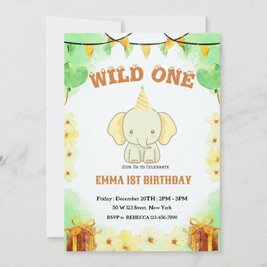 Wild One Schattigee olifant 1e verjaardag Uitnodig Kaart (Voorkant)