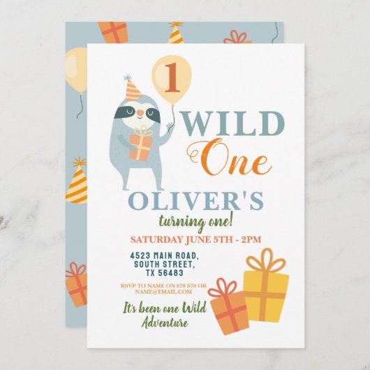 Wild One Sloth Birthday First Party Invitation Kaart (Voorkant / Achterkant)