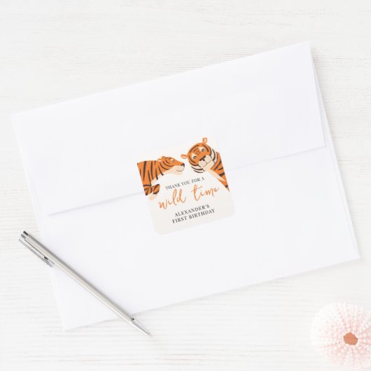 Wild One Tiger 1st Birthday Bedankt Vierkante Sticker (Envelop)