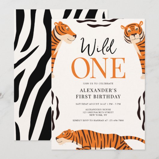 Wild One Tiger 1st Birthday Party Invitation Kaart (Voorkant / Achterkant)