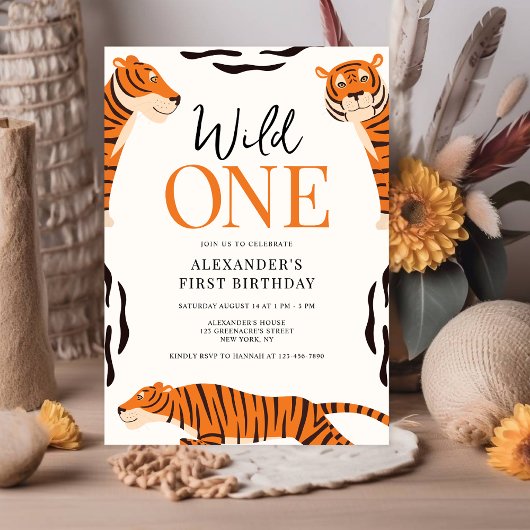 Wild One Tiger 1st Birthday Party Invitation Kaart