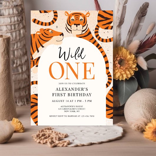 Wild One Tiger 1st Birthday Party Invitation Kaart