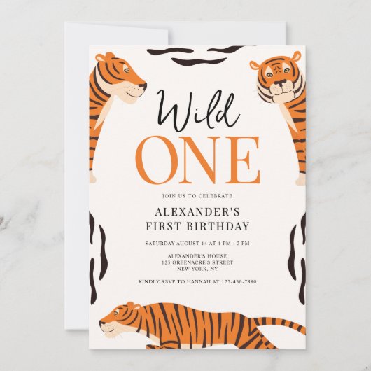 Wild One Tiger 1st Birthday Party Invitation Kaart (Voorkant)