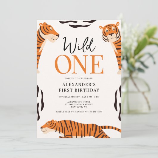 Wild One Tiger 1st Birthday Party Invitation Kaart (Staand voorkant)