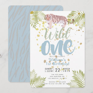 Wild One Tiger Blue Boy 1st Birthday Uitnodiging