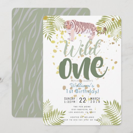 Wild One Tiger Khaki Green 1e verjaardag Uitnodigi Kaart (Voorkant / Achterkant)