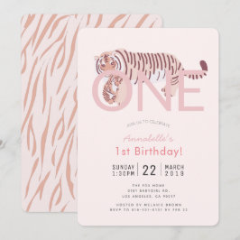 Wild One Tiger Pink Girl 1e verjaardag Uitnodiging
