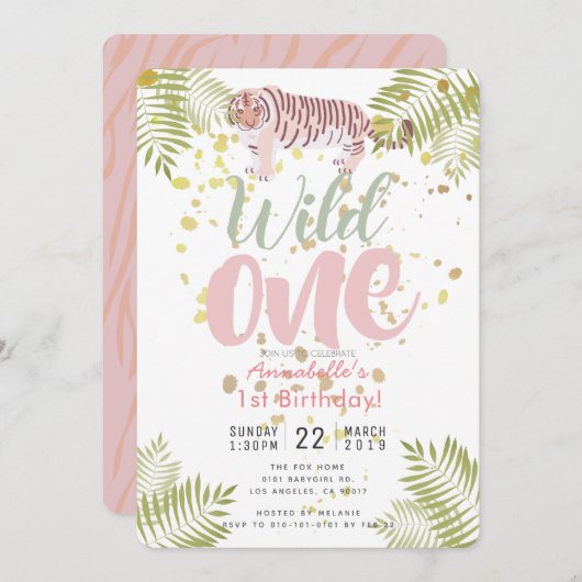 Wild One Tiger Pink Girl 1e verjaardag Uitnodiging (Voorkant / Achterkant)