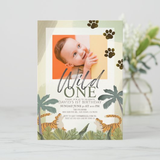 Wild One Tiger Safari Oerwoud 1ste verjaardag Foto Kaart (Staand voorkant)