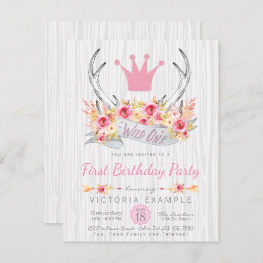 Wild One Tribal Antler Boho Princess Uitnodiging (Voorkant / Achterkant)