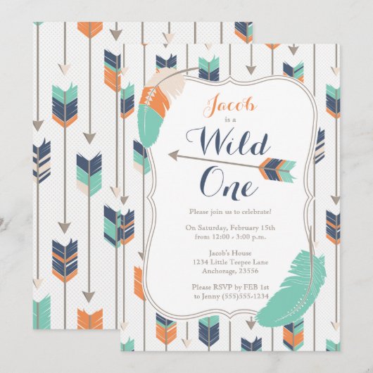 Wild ONE Tribal Arrows Verjaardagsfeest Blauw Groe Kaart (Voorkant / Achterkant)