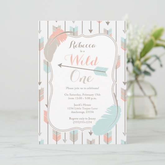 Wild ONE Tribal Arrows Verjaardagsfeest Roze Grijs Kaart (Staand voorkant)