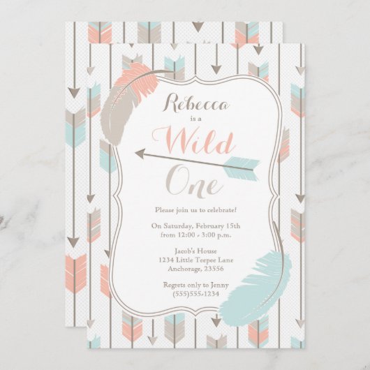 Wild ONE Tribal Arrows Verjaardagsfeest Roze Grijs Kaart (Voorkant / Achterkant)