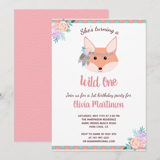 Wild One Tribal Boho Aztec Roze 1e Verjaardagsfees Kaart (Voorkant / Achterkant)