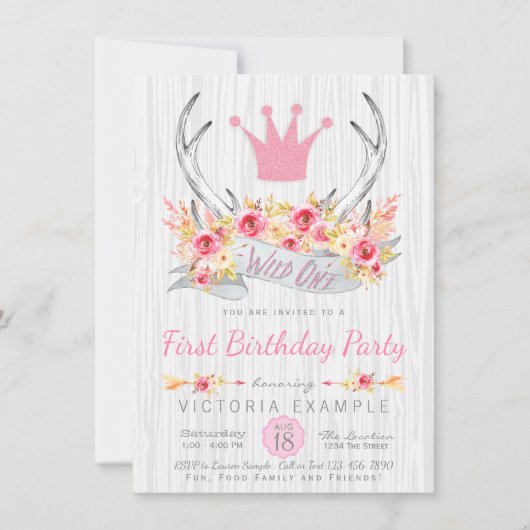 Wild One Tribal Boho Princess Antler Uitnodiging (Voorkant)