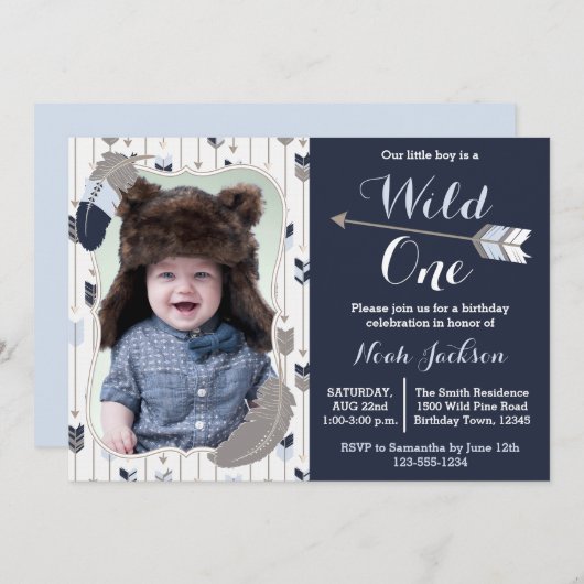 Wild One Tribal First Birthday Blue Foto Kaart (Voorkant / Achterkant)