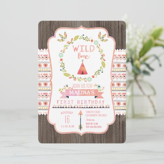 Wild One Tribal Girl Verjaardagsfeestje Uitnodigin Kaart (Staand voorkant)