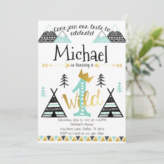 Wild One Tribal Verjaardagsfeest Uitnodiging Jonge (Staand voorkant)