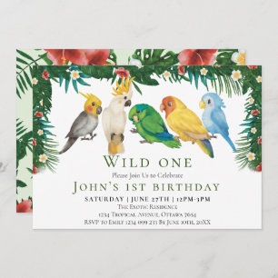 Wild One Tropical Exotic Parrots Boy 1st Birthday Kaart