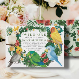 Wild One Tropical Exotic Parrots Boy 1st Birthday Kaart