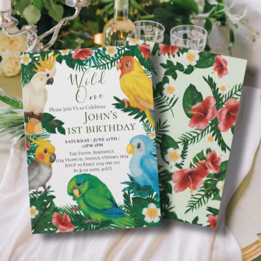 Wild One Tropical Exotic Parrots Boy 1st Birthday Kaart