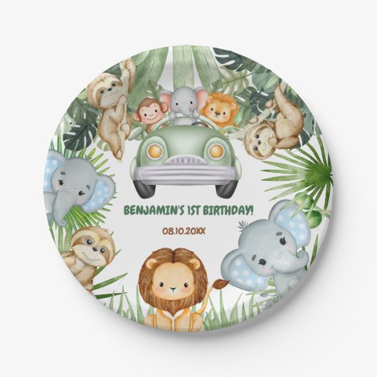 Wild One Tropical Jungle Animals Birthday Papieren Bordje (Voorkant)