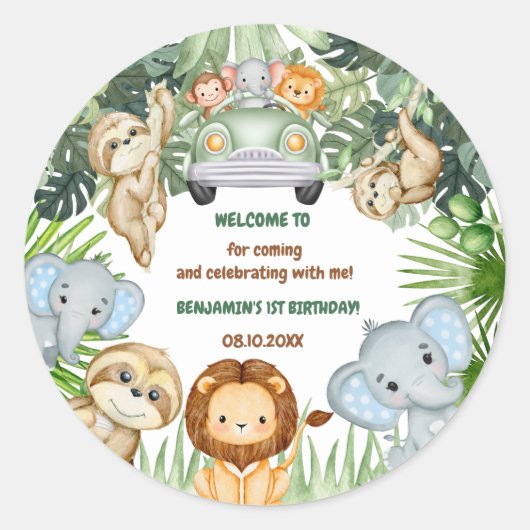 Wild One Tropical Jungle Animals Birthday Ronde Sticker (Voorkant)