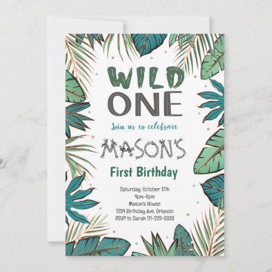 Wild One Tropische Safari 1e Verjaardag Uitnodigin Kaart (Voorkant)