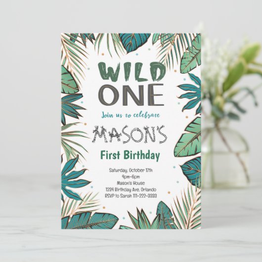 Wild One Tropische Safari 1e Verjaardag Uitnodigin Kaart (Staand voorkant)