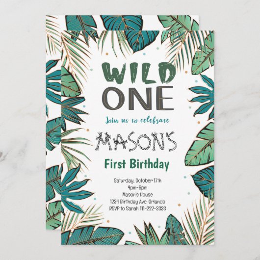 Wild One Tropische Safari 1e Verjaardag Uitnodigin Kaart (Voorkant / Achterkant)