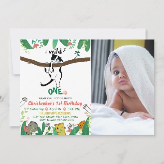 Wild One Tuxedo Kat Kinder 1e verjaardag Uitnodigi Kaart (Voorkant)