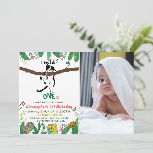 Wild One Tuxedo Kat Kinder 1e verjaardag Uitnodigi Kaart (Staand voorkant)