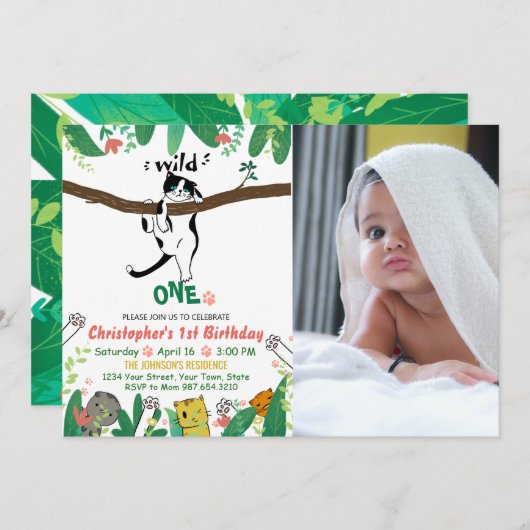 Wild One Tuxedo Kat Kinder 1e verjaardag Uitnodigi Kaart (Voorkant / Achterkant)