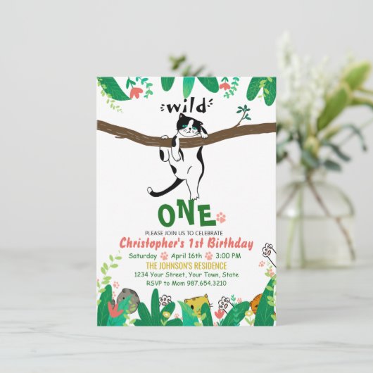 Wild One Tuxedo Kat Kinder 1e verjaardag Uitnodigi Kaart (Staand voorkant)
